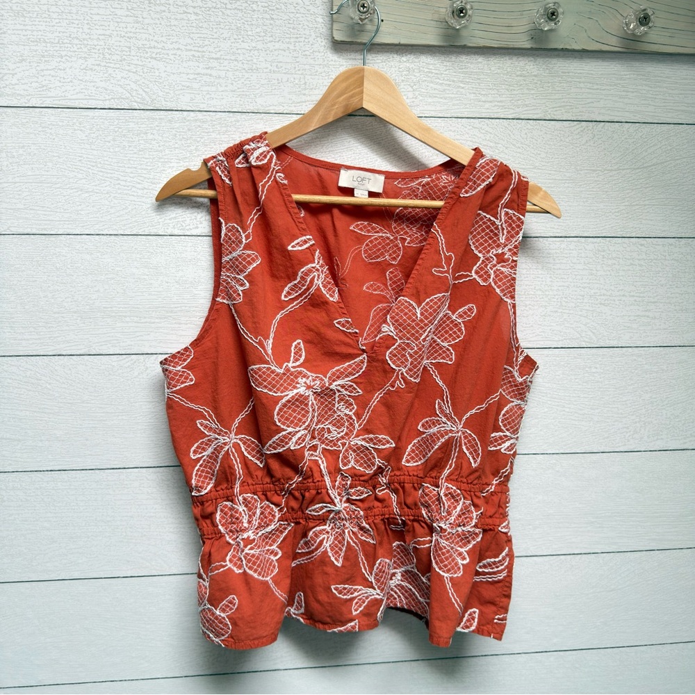 LOFT Rust Orange Floral Sleeveless Peplum Blouse